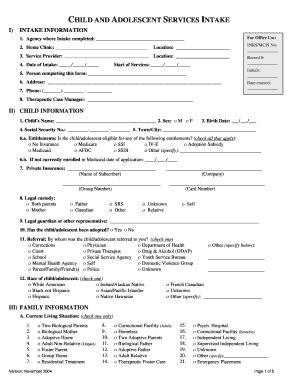 CHILD and ADOLESCENT SERVICES INTAKE Mentalhealth Vermont  Form