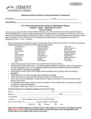 Agreement between the State of Vermont Department of Libraries and Libraries Vermont  Form