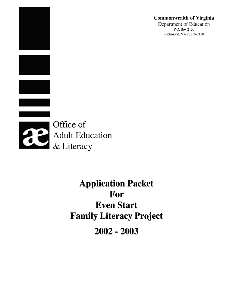 Application Packet for Even Start Family Literacy Project Doe Virginia  Form