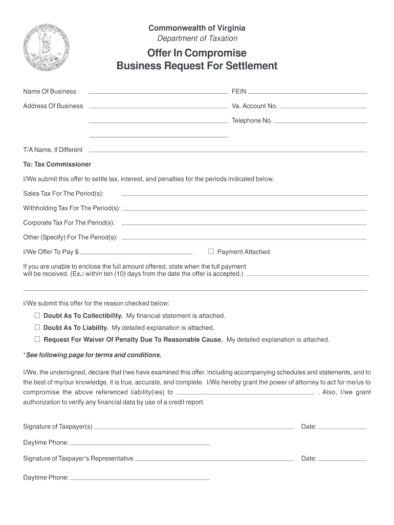 Virginia Offer in Compromise Business Form