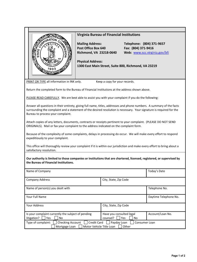 COMPLETING the COMPLAINT FORM Scc Virginia