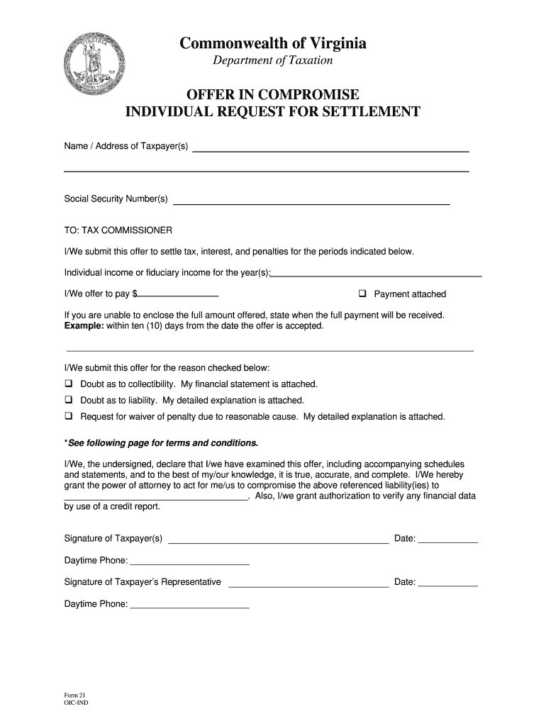 Form Oic Individual Offer in Compromise Virginia