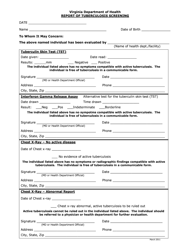 Get and Sign Official Printable Tb Screening Sheet  Form 2011