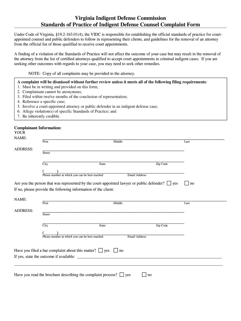 COMMONWEALTH of VIRGINIA COMPLAINT FORM  Indigentdefense Virginia