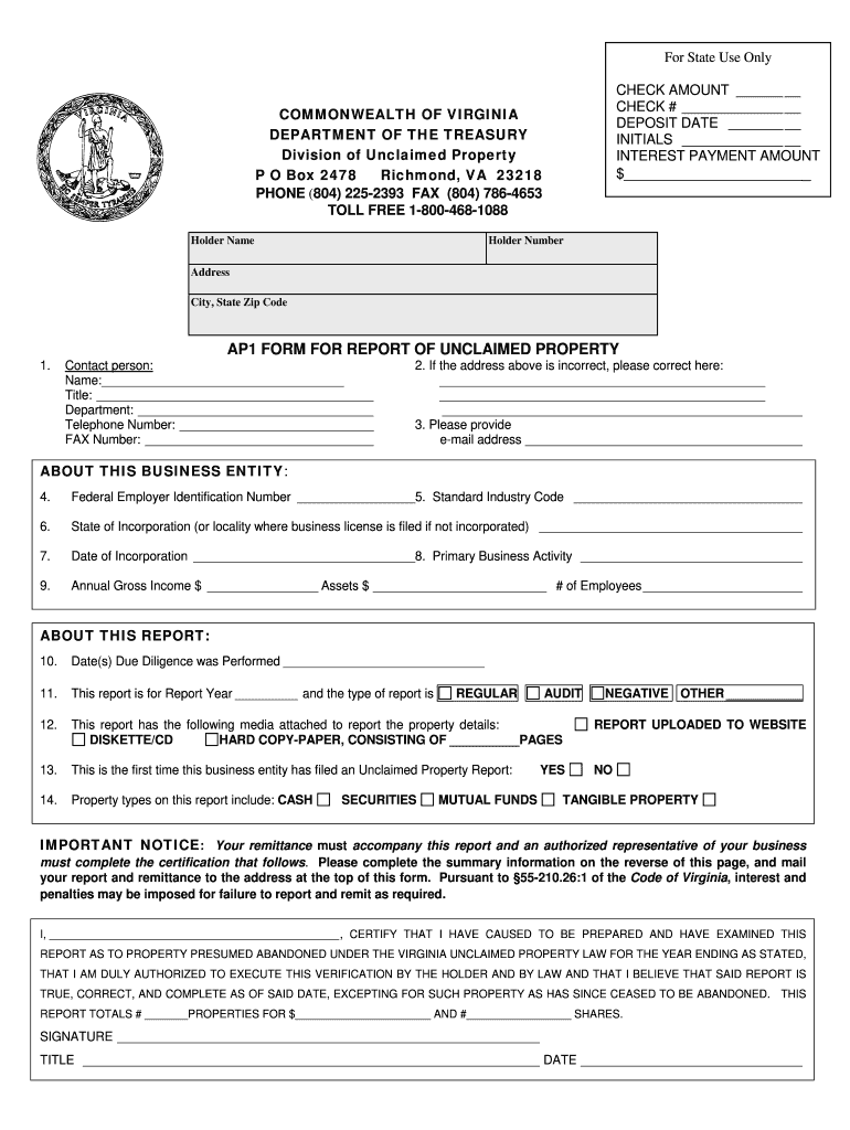 Virginia Unclaimed Property  Form