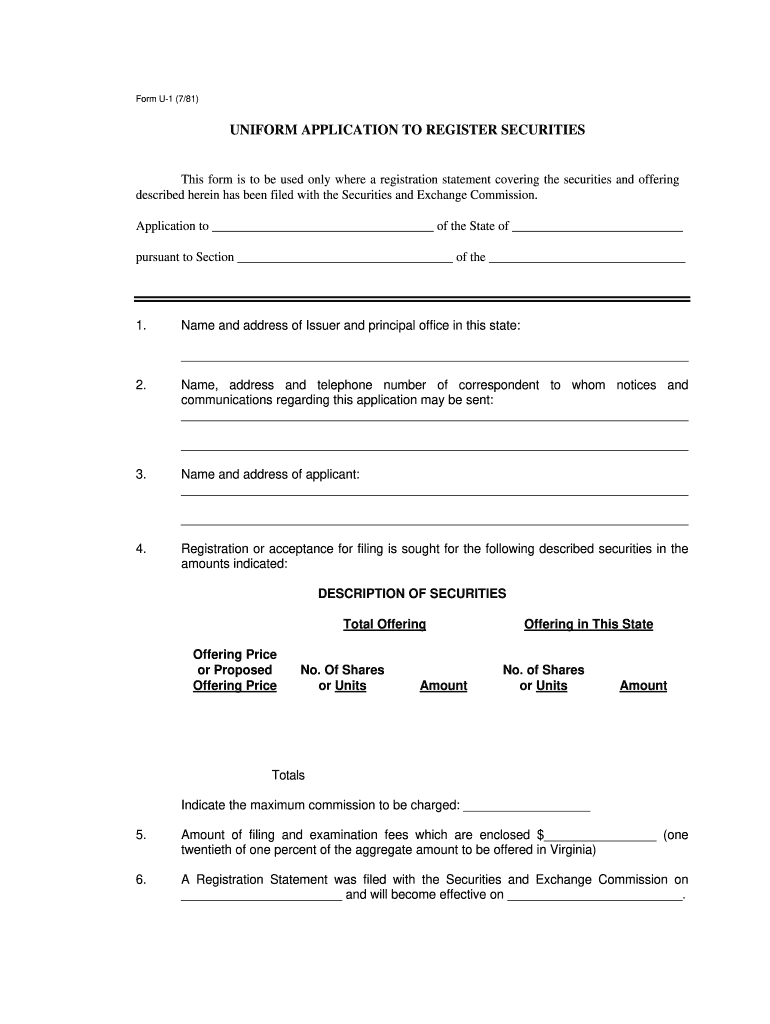 U1 Uniform Application to Register Securities in Michigan