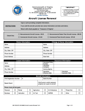 Commonwealth of Virginia Aircraft License Renewal Form