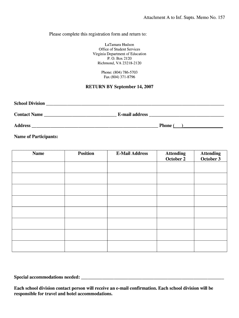 Please Complete the Attached Registration Form and Send it with a Doe Virginia
