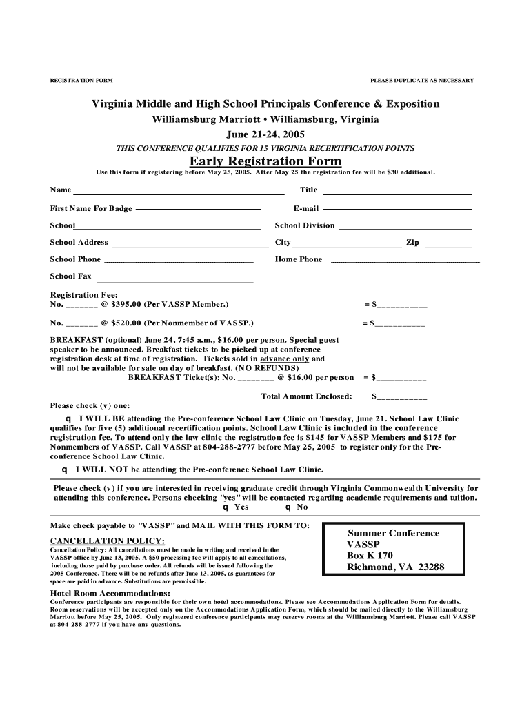 Early Registration Form Doe Virginia