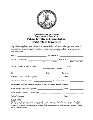Virginia Department of Education Certificate of Enrollment Form