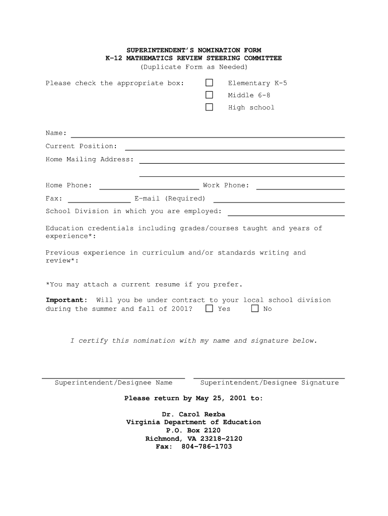 SUPERINTENDENT&#039;S NOMINATION FORM K 12 MATHEMATICS Doe Virginia