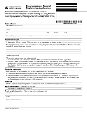 Funeral and Cemetery Establishments Can Use This Form to Apply for Prearrangement Funeral Registration Dol Wa