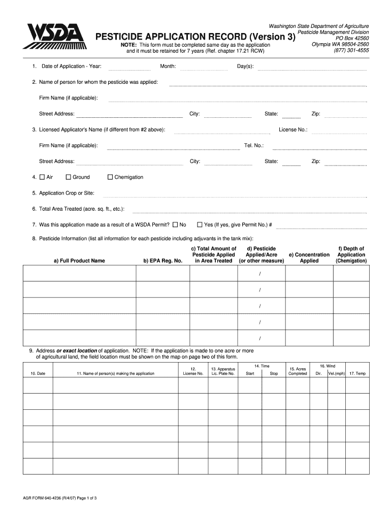  Washington State Dept of Ag Pesticide Record Forms 2007-2024