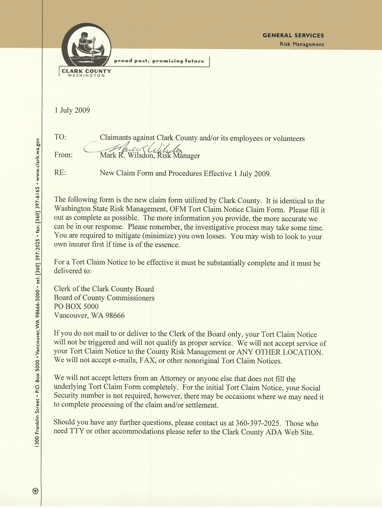  Clark County Washington Tort Claim Form 2009