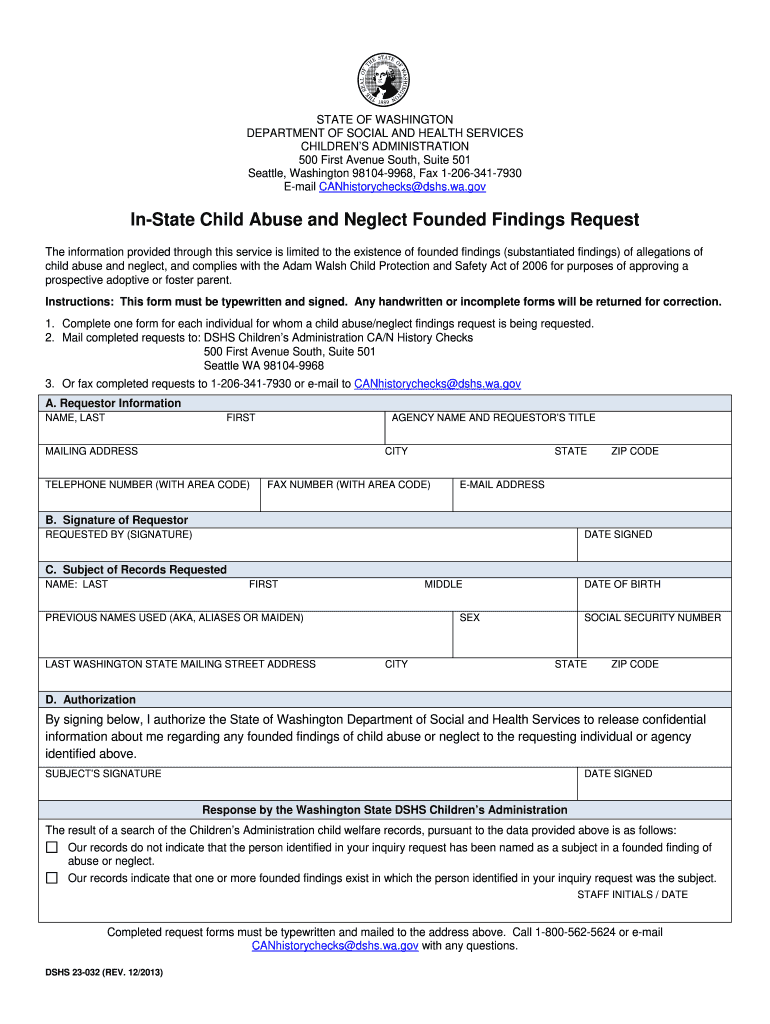 Washington State Child Abuse and Neglect Findings Request Form