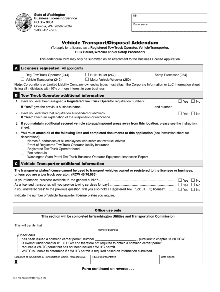 Vehicle TransportDisposal Addendum X Bls Dor Wa  Form