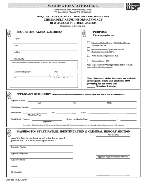 WASHINGTON STATE PATROL Identification and Criminal History Section PO Box 42633, Olympia WA 98504 2633 REQUEST for CRIMINAL HIS  Form