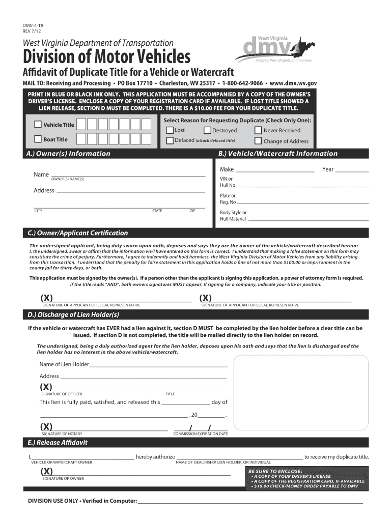  Division of Motor Vehicles Application for Cretificate of Title Wv 2012