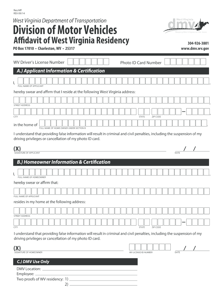 Wv Dmv Affidavit of Residency  Form