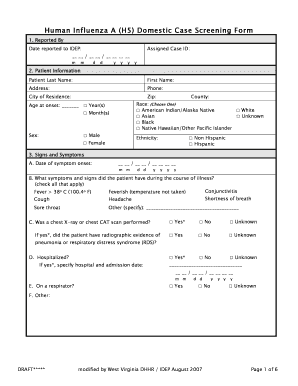 Human Influenza a H5 Domestic Case Screening Form Dhhr Wv