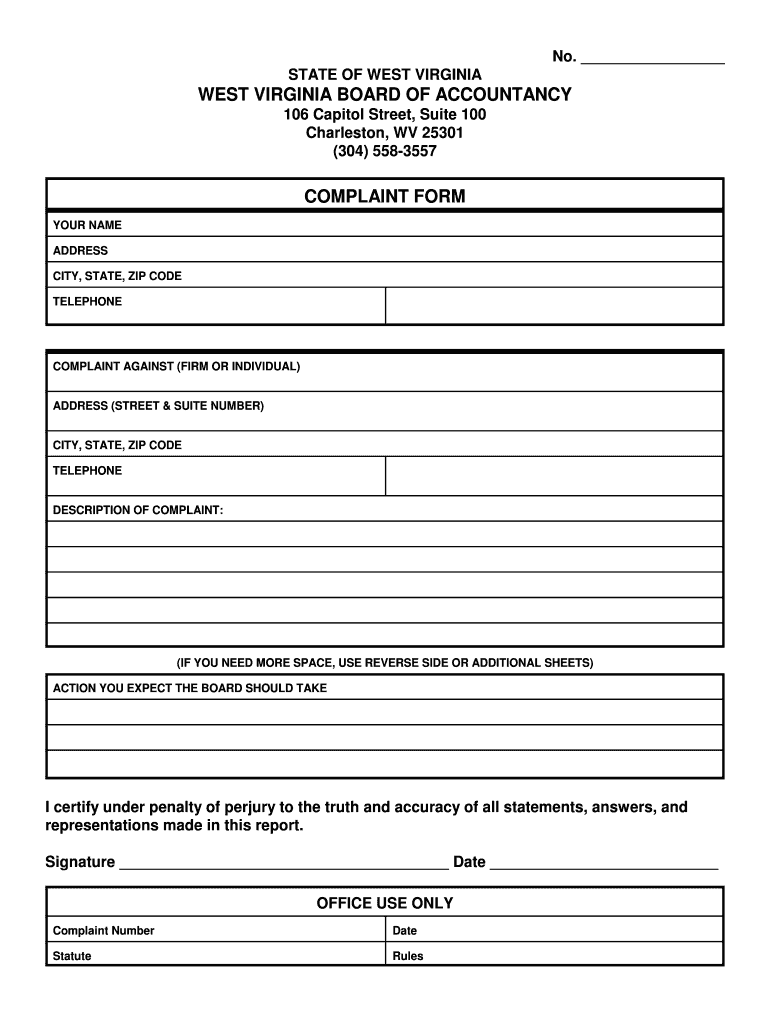 WEST VIRGINIA BOARD of ACCOUNTANCY COMPLAINT FORM Boa Wv