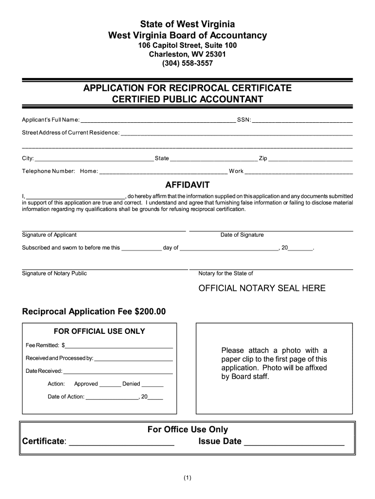 West Virginia Board of Accountancy 106 Capitol Street, Suite 100 Charleston, WV 25301 Phone 304 558 3557 Fax 304 558 1325 Boa Wv  Form