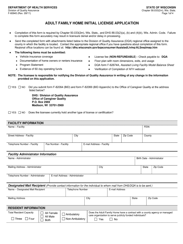  Adult Family Home License Application 2011-2024