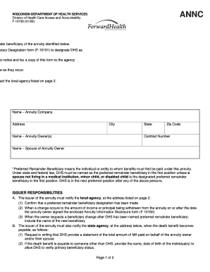 ForwardHealth Issuer of Annuity Notice of Obligation, F 10190 Dhs Wisconsin  Form