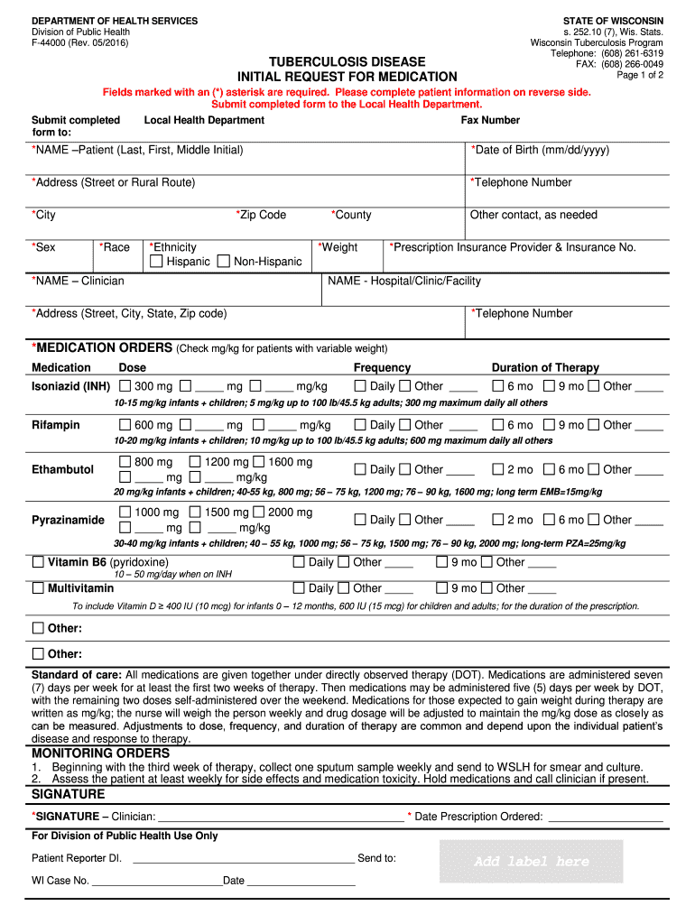 Wi Antituberculosis Therapy Program Initial Request for Medication Form