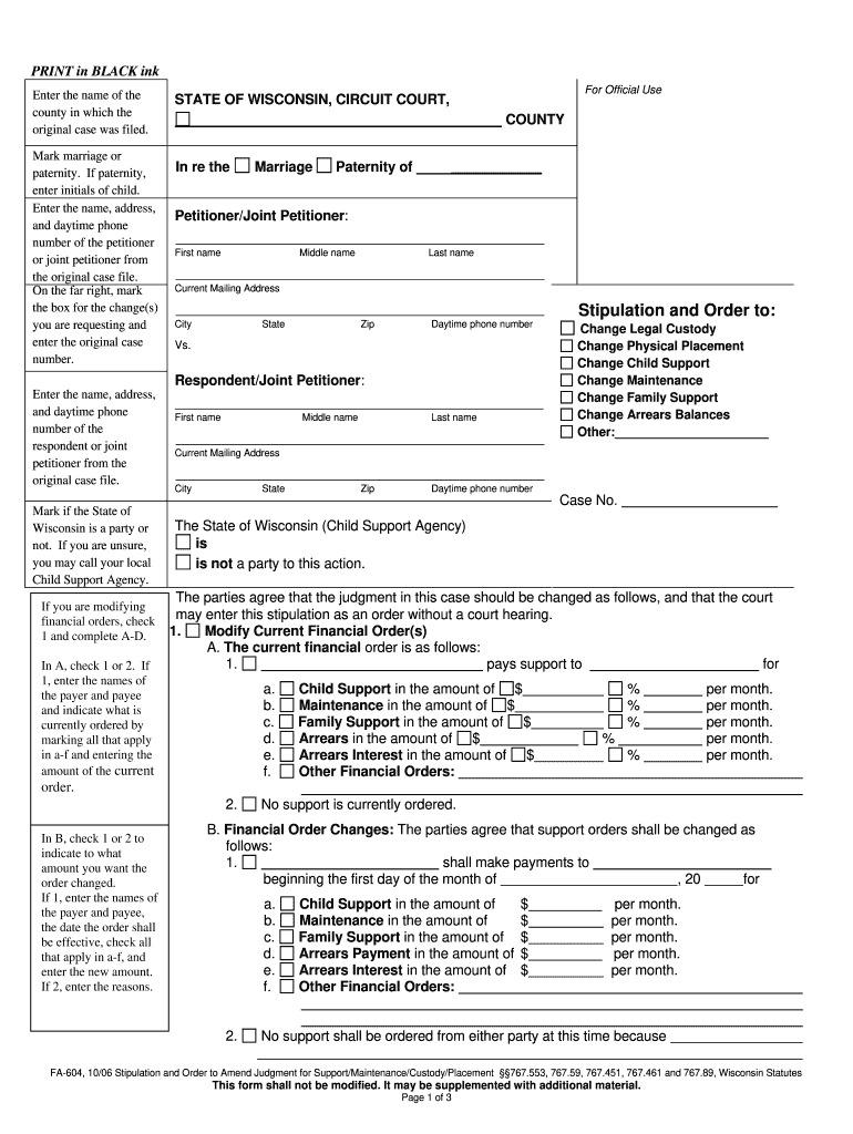  State of Wisconsin Stipulation and Order Form 2010