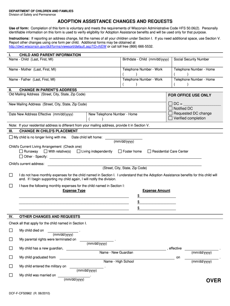 DCF F CFS0962  Wisconsin Department of Children and Families    Dcf Wisconsin 2010