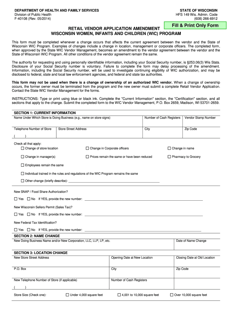 Retail Vendor Application Amendment Dhs Wisconsin  Form