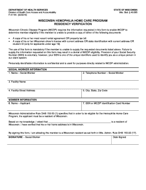 Wisconsin Hemophilia Home Care Program Residency Verification, F 1145 Wisconsin Chronic Disease Program Dhs Wisconsin  Form