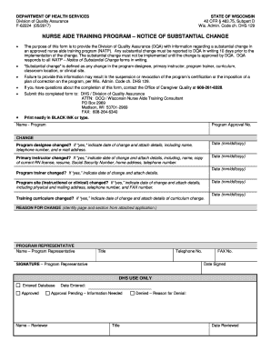 Wisconsin Division of Health Notice of Substantial Change Form