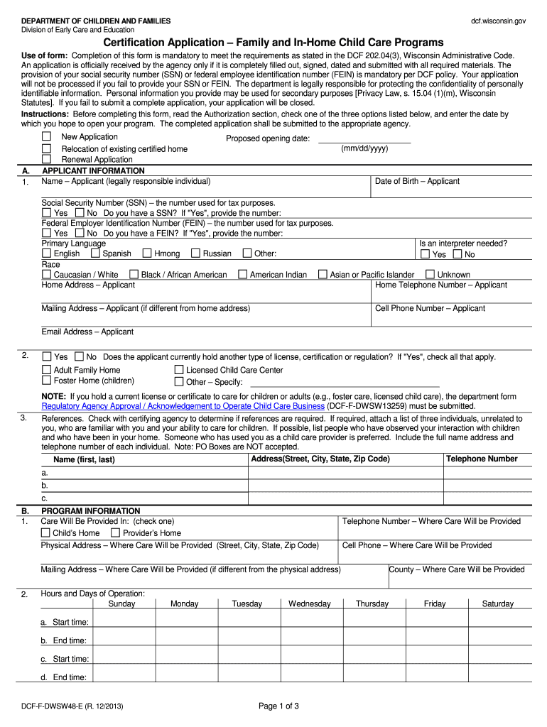 License Application  Family Child Care Centers, DCF F 67  Dcf Wisconsin  Form