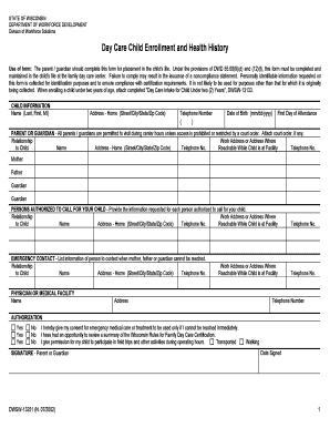 Day Care Child Enrollment and Health History 7 Dwsw 13251  Form