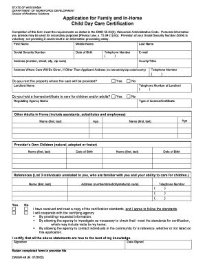 Application for Family and in Home Child Day Care Certification Dhs Wisconsin  Form