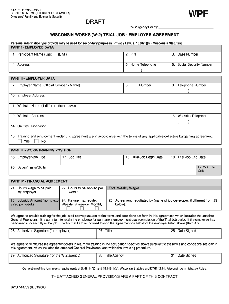 DCF Operations Memo 10 49 W2 Works Trial Job Employer Dhs Wisconsin  Form