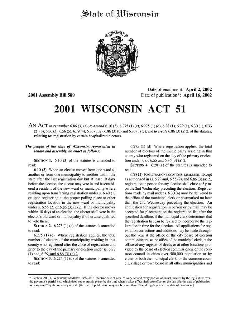 Assembly Bill 589 Date of Enactment April 2, Date of Publication* April 16,  WISCONSIN ACT 51 an ACT to Ren  Form