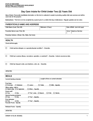 Day Care Intakes for Child under 2 Years Form