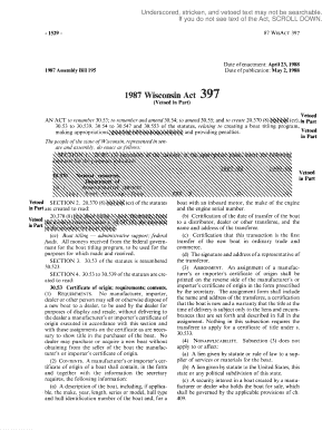 152987 WisAcT 397 1987 Assembly Bill 195 Date of Enactment April 23, 1988 Date of Publication May 2,1988 1987 Wisconsin Act Veto  Form