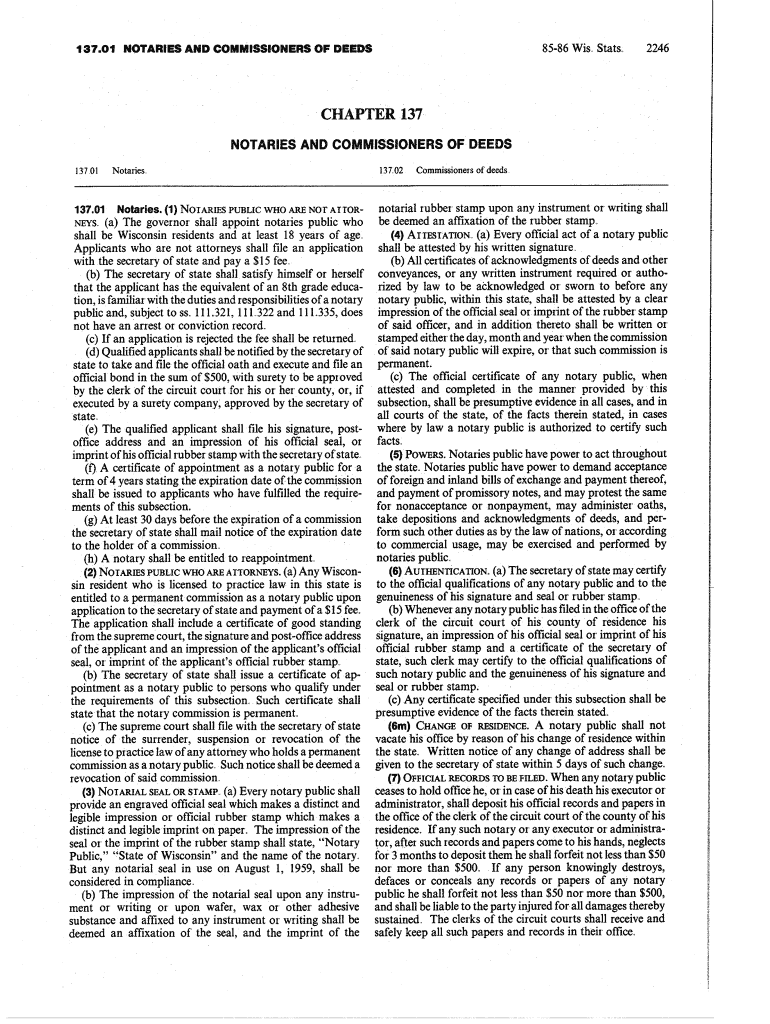 01 NOTARIES and COMMISSIONERS of DEEDS 85 86 Wis Legis Wisconsin  Form