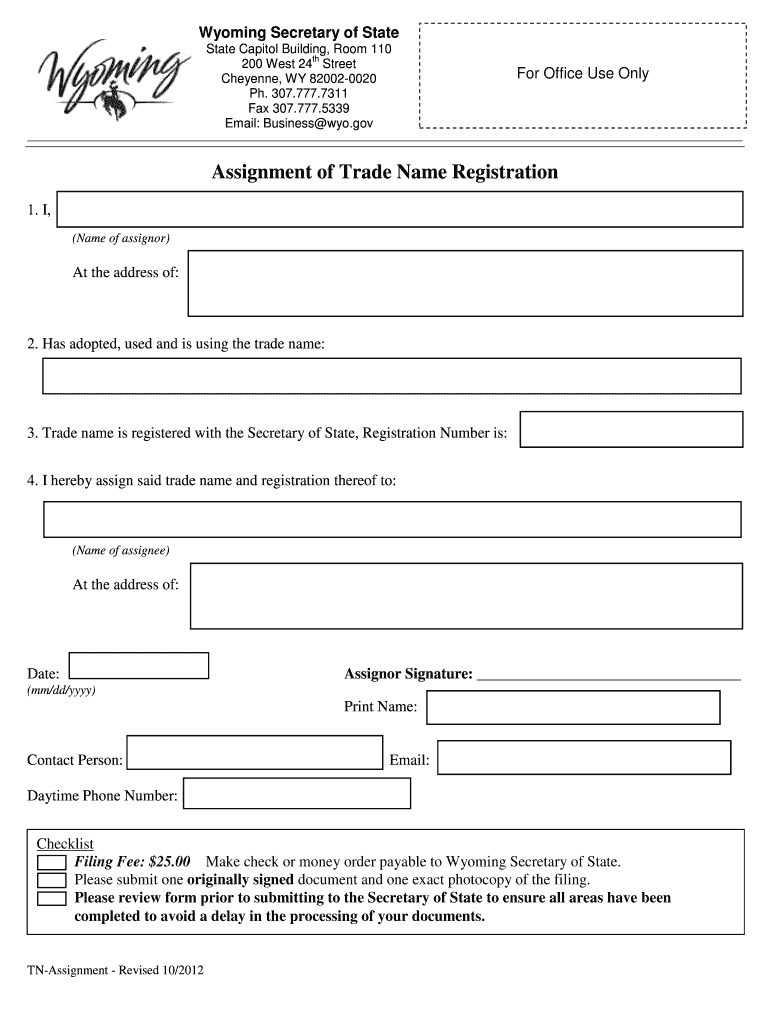 Assignment of Trade Name Registration  Wyoming Secretary of State  Vote Wyoming  Form