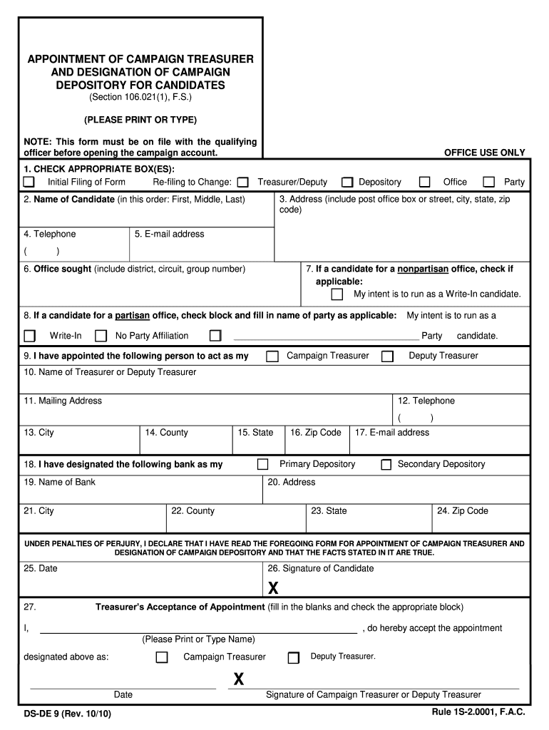  Appointment of Campaign Treasurer Dsde9 Form 2010-2024