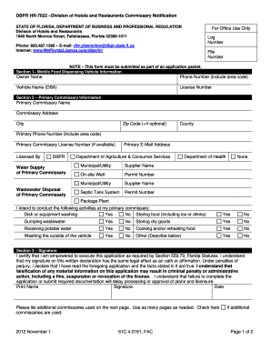 Dbpr Hr 7022 Commissary Notification Word Fill in PDF  Form