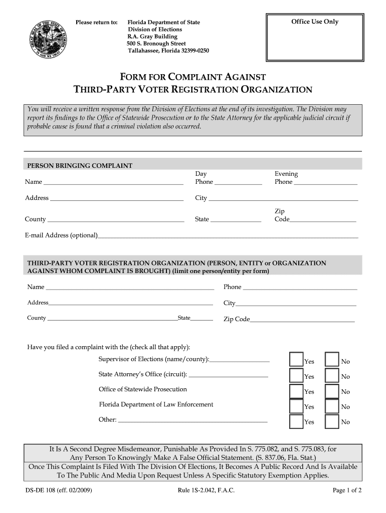 0BFORM for COMPLAINT AGAINST 1BTHIRD PARTY VOTER