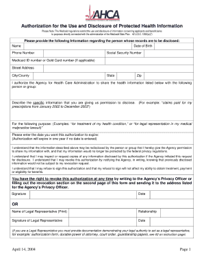 Ahca Medicaid Authorization for the Use and Disclosure of Protected Health Form