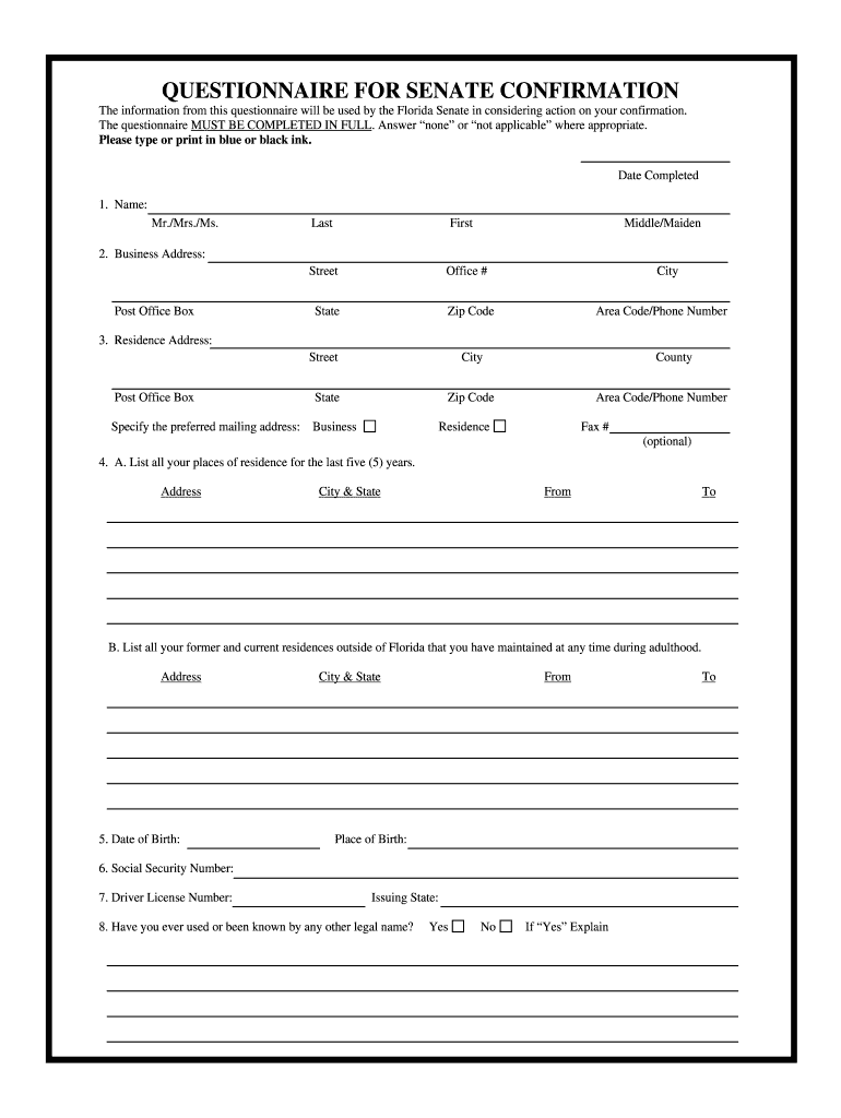 Questionnaire Florida  Form