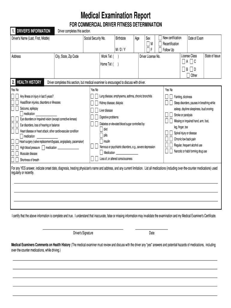 Medical Examination Report Form for Commercial Driver Medical Certification for Minnesota