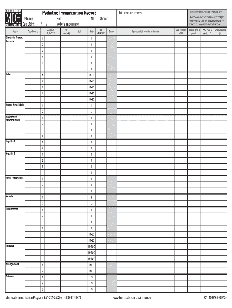 Immunization for 10 Year Old  Form